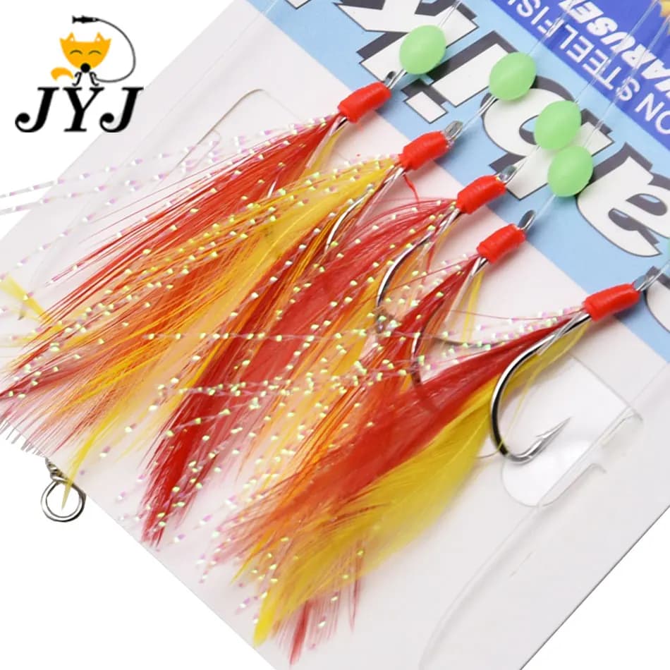 Sabiki rig artificiel avec plumes rouges et jaunes - Set hameçons JYJ pour sardines et pêche en mer