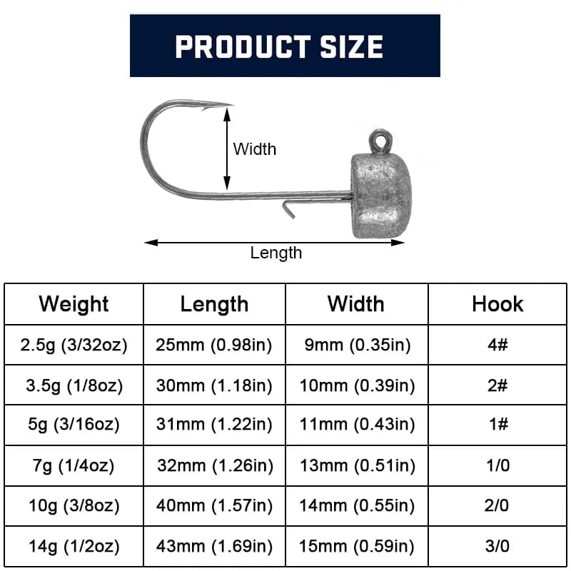 50 têtes de jig Ned Rig non peintes 2.5g à 14g - Pour crappie, bass, truite et pêche fine