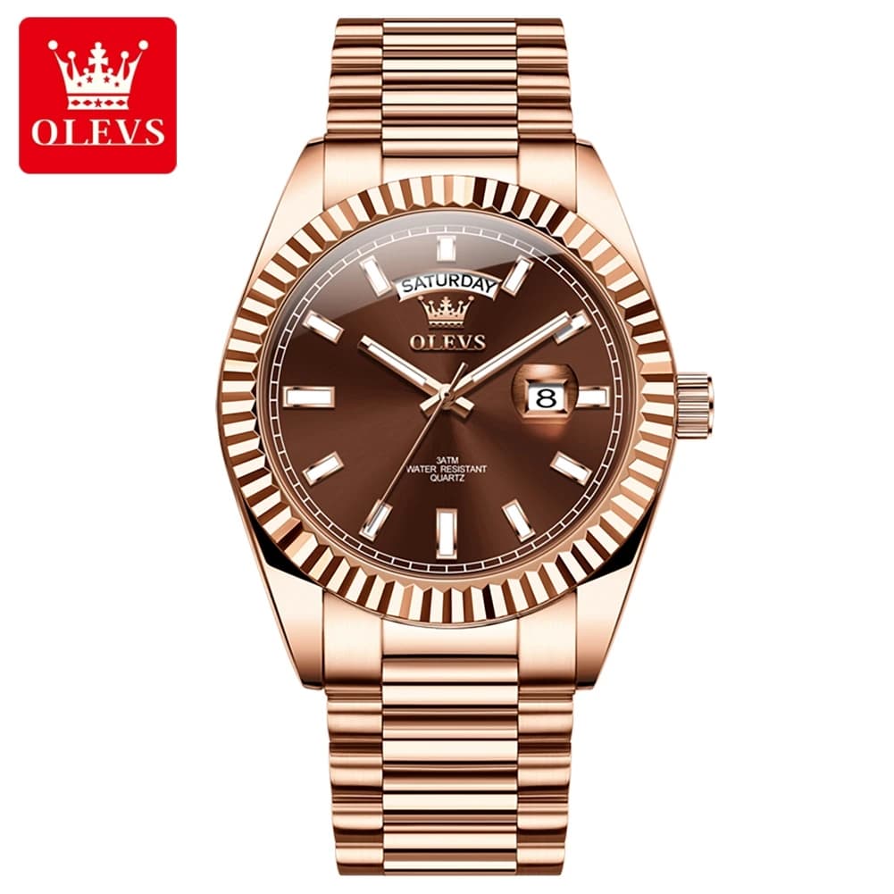 Montre homme luxe OLEVS étanche or rose acier inoxydable affichage date jour mouvement quartz