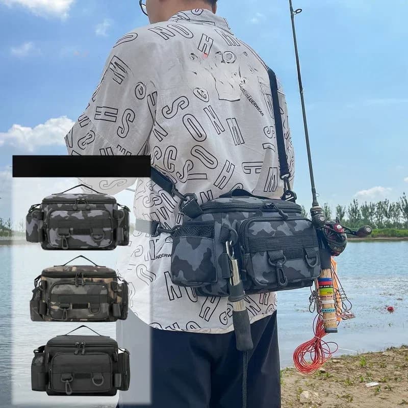 Sac à dos de pêche avec porte-canne et banane - Sac bandoulière pour leurres et accessoires de pêche
