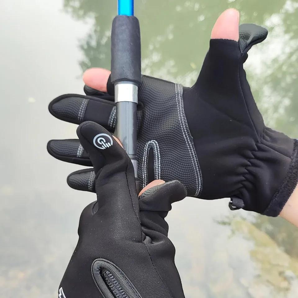 Gants pêche hiver GTUBIKE waterproof 2 doigts flip velours chaud vent hommes femmes