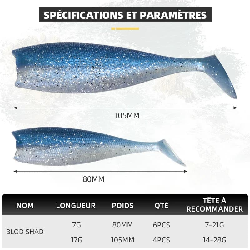 Leurre souple BLUX BLOD SHAD 80mm-105mm - Leurre silicone black tail pour bar de mer et carnassiers