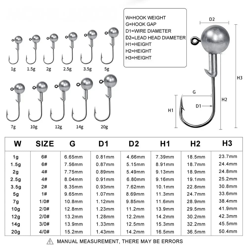Têtes plombées jig de 1g à 20g pour pêche aux leurres - Hameçons jig pour leurres durs et souples