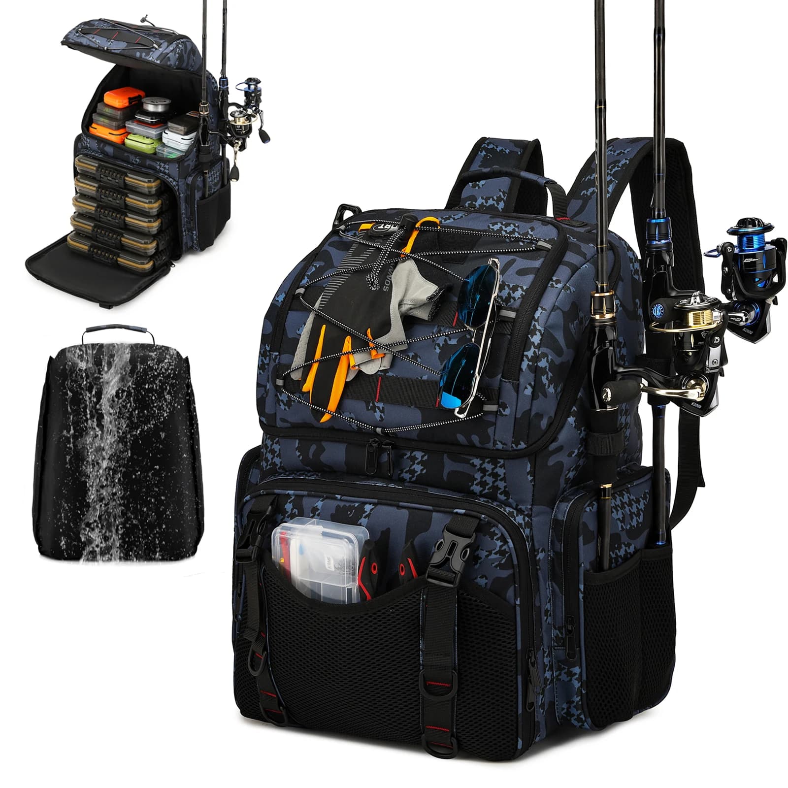 Sac à dos pêche 45L avec glacière, porte-cannes et housse pluie - Multifonction randonnée camping