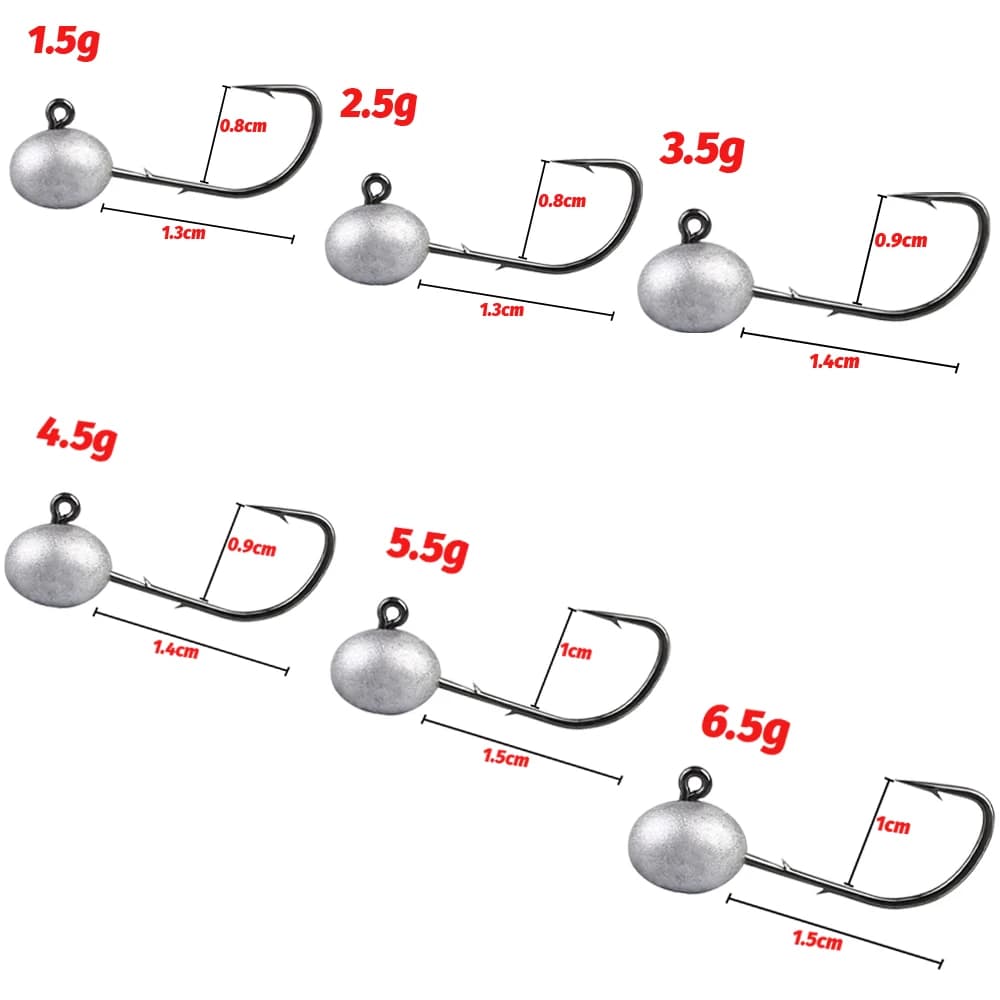 Lot de 5 têtes plombées jig pour leurres, 1.5g à 6.5g, hameçon double ardillon forte puissance pour pêche