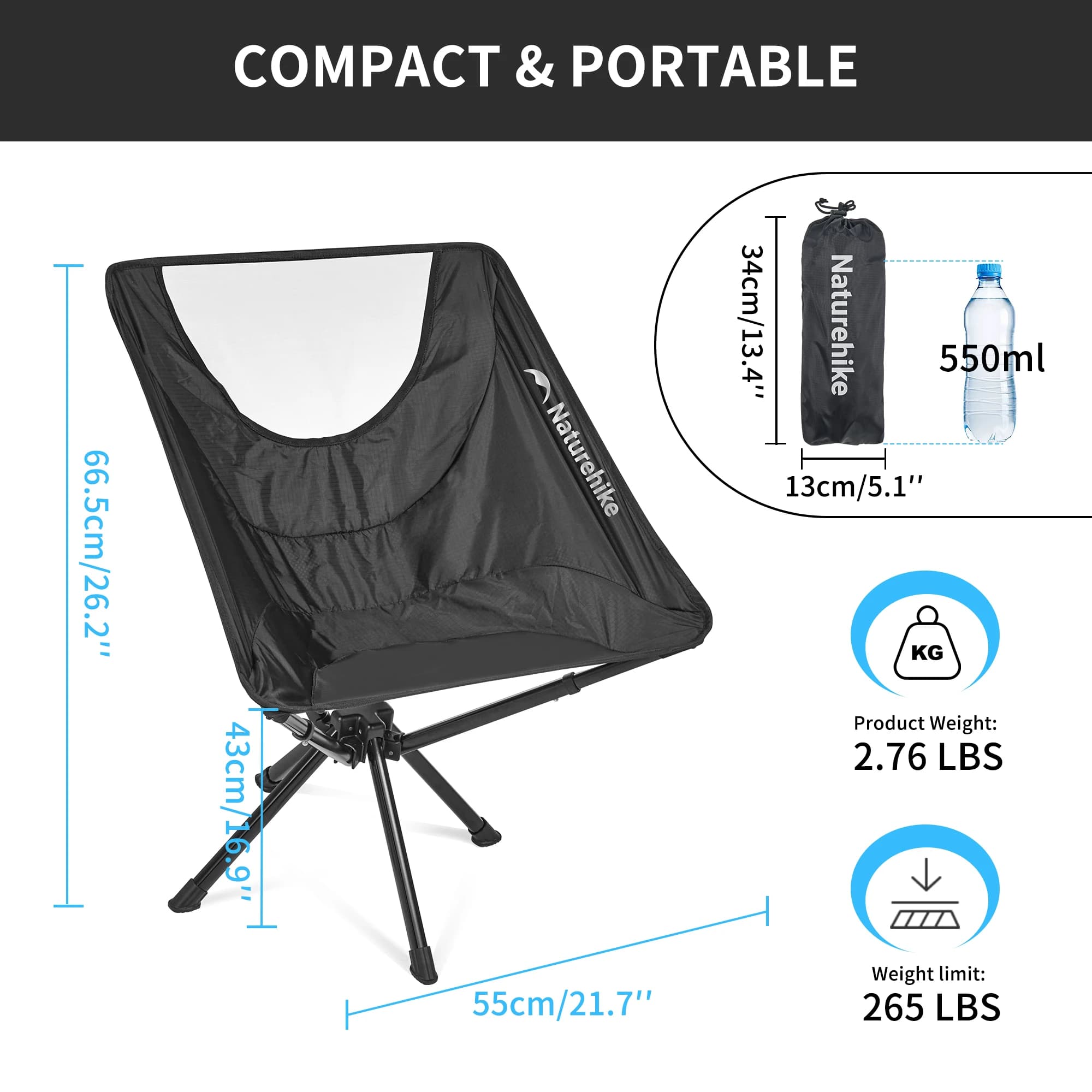 Chaise pliante ultralégère Naturehike Star Moon L03 pour randonnée pêche et montage rapide