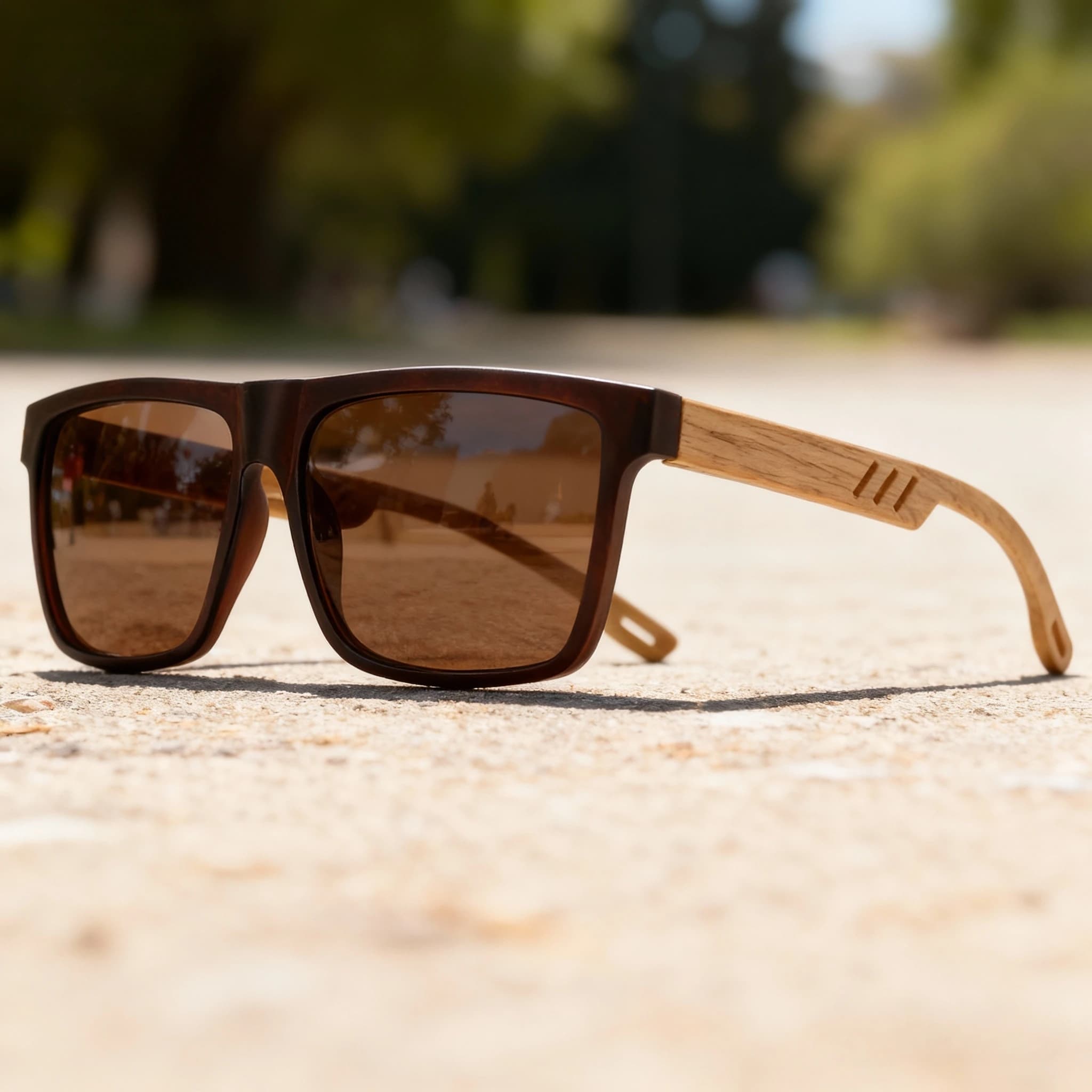 Lunettes de soleil unisex carrées bois - Charnière ressort UV400 pour conduite et randonnée