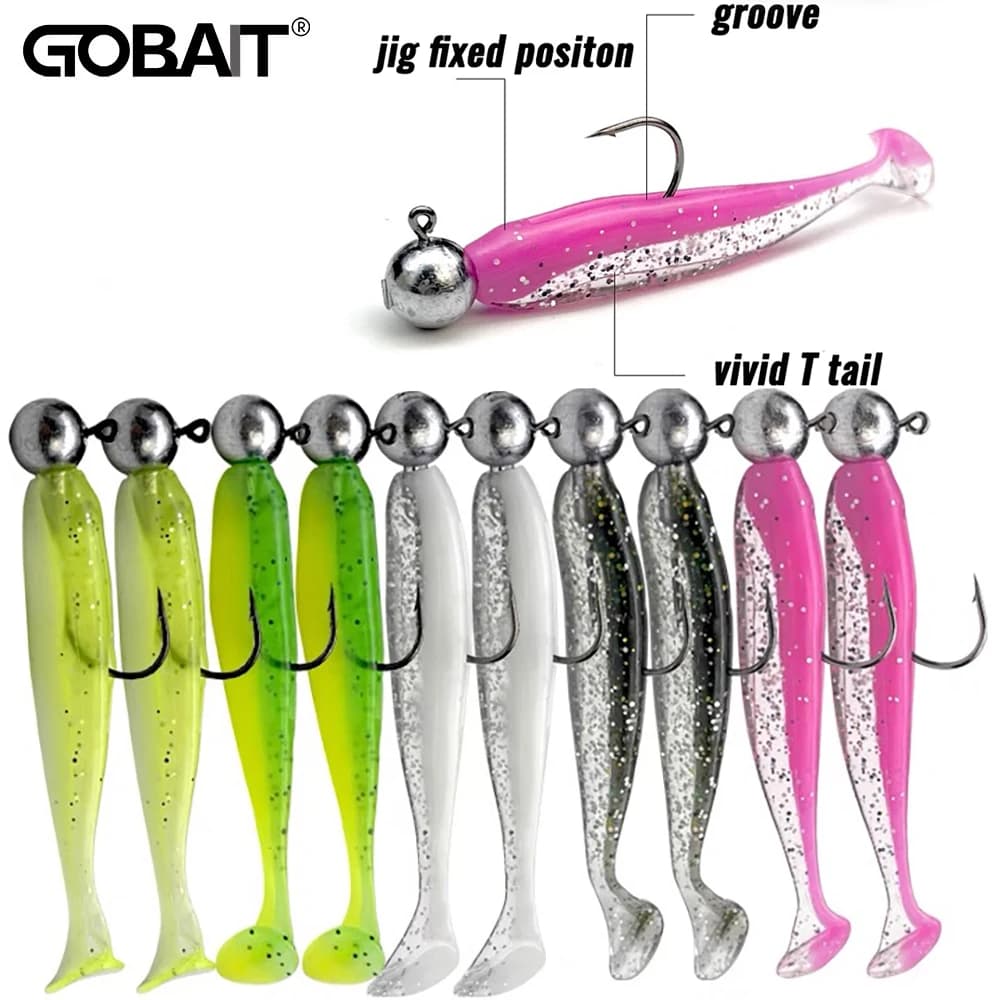 Kit pêche complet 10 leurres souples + 3 têtes plombées - leurres T-tail pour carpe et carnassiers