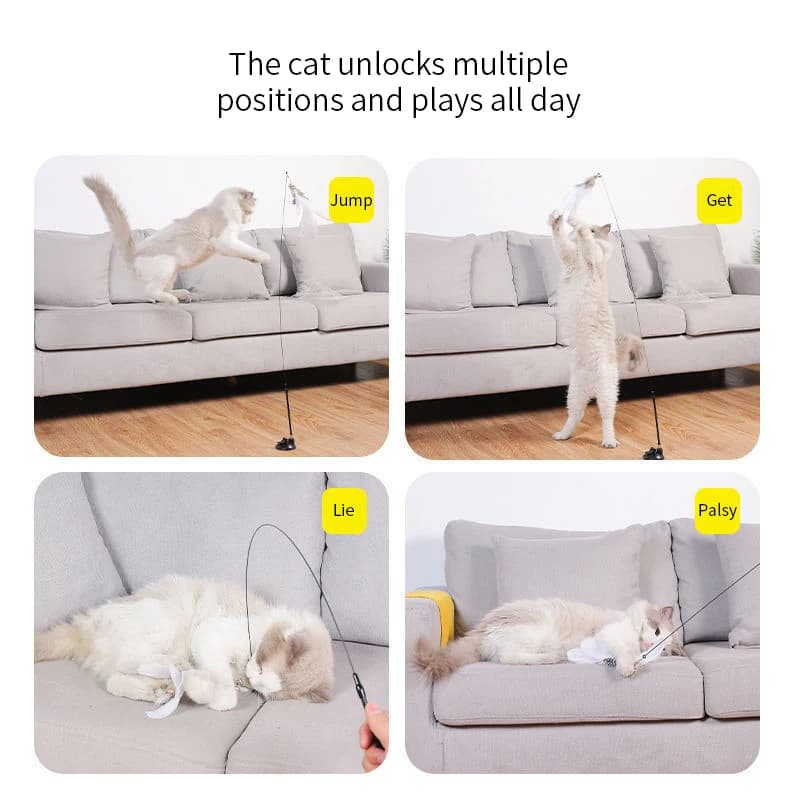 Jouet interactif chat sans mains - Canne à pêche plume oiseau ventouse - Jouet chat stimulant