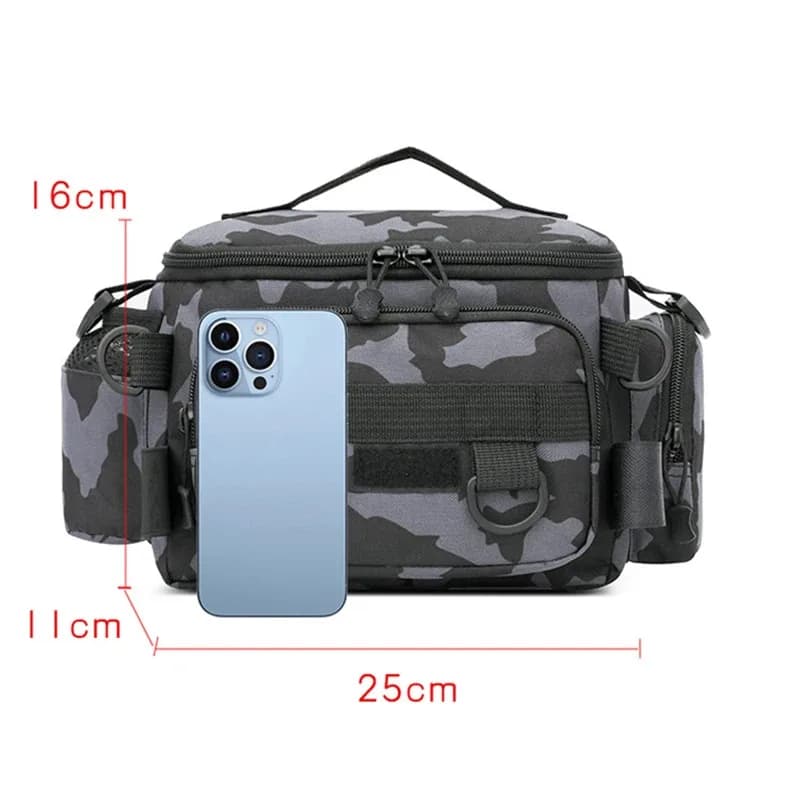 Sac ceinture épaule rangement équipement pêche noir avec porte-canne sports extérieurs pêche