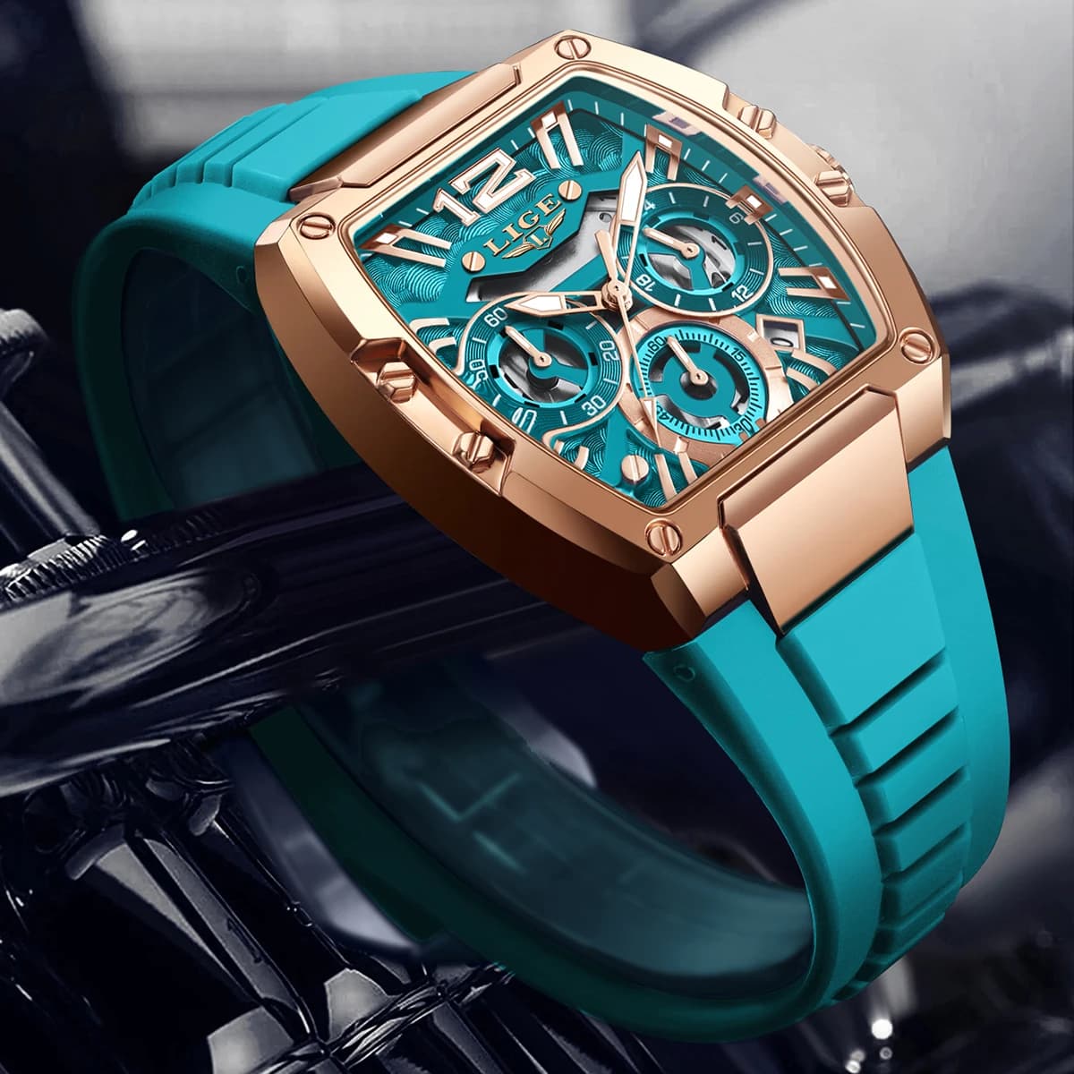 Montre homme sport LIGE chronographe étanche bracelet silicone lumineux design tonneau aéré