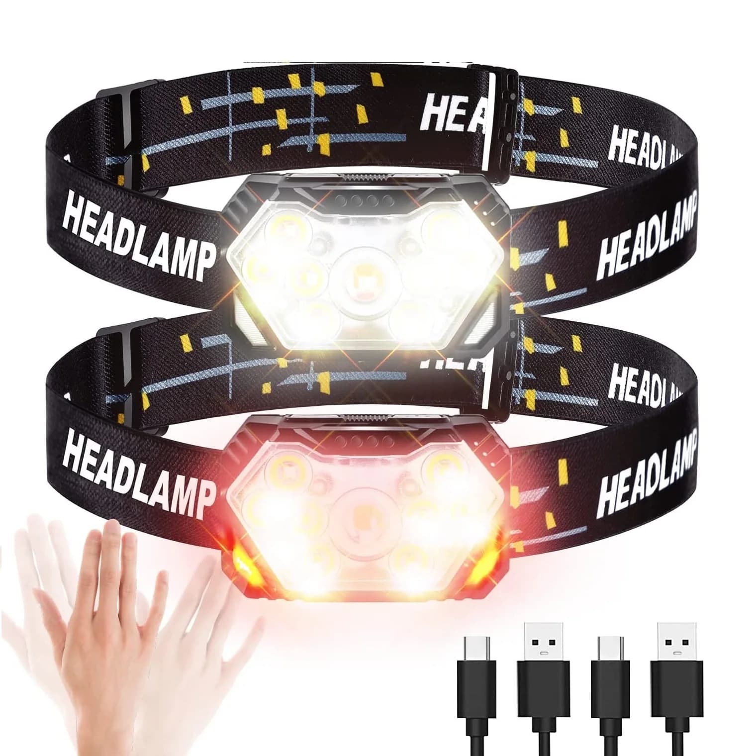 Lampe frontale LED 9 lumières puissantes rechargeable USB détecteur de mouvement pêche camping