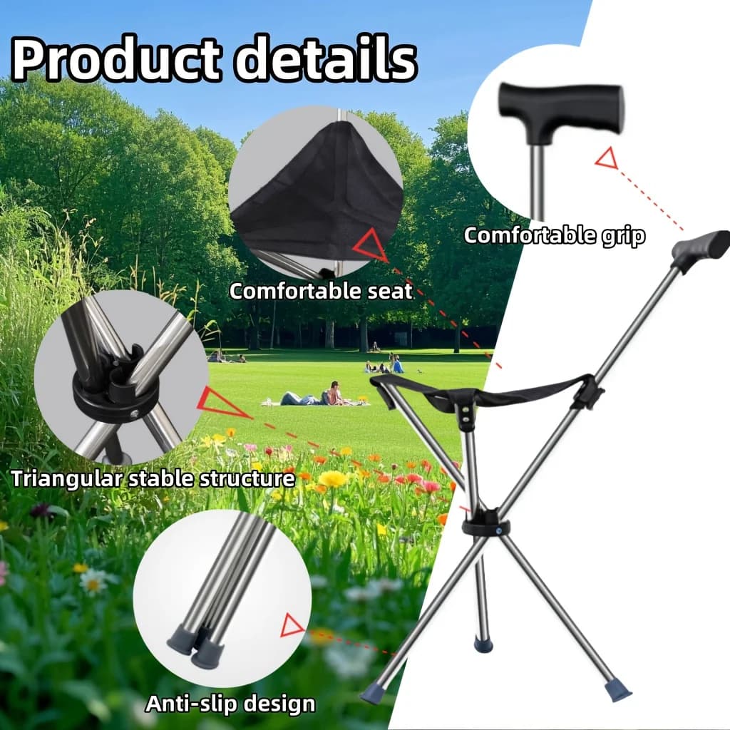 Canne-siège pliable 2-en-1 dépliante randonnée camping canne chaise activités extérieures voyage