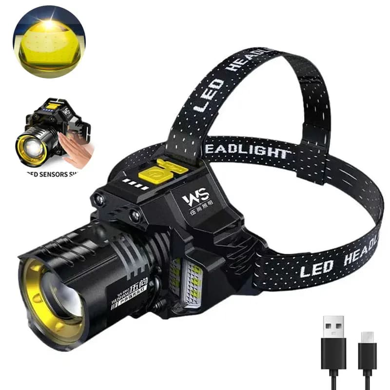 Lampe frontale pêche 300LM à induction - 5 modes éclairage - Zoom télescopique - Lumières latérales rouge et bleue