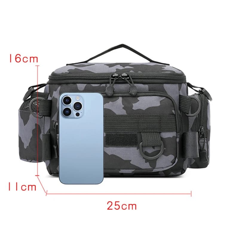 Sac ceinture pêcheur noir rangement matériel pêche porte-canne intégré sport extérieur pêche nomade