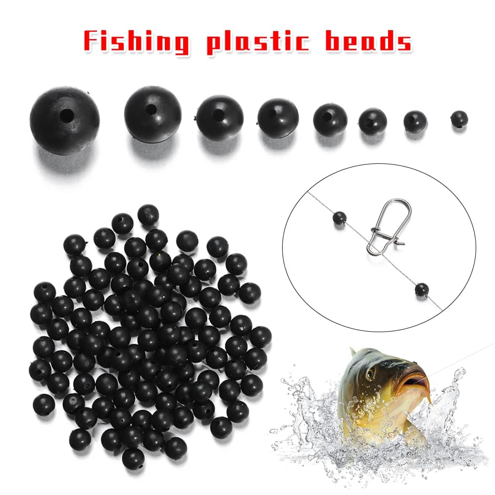 100 perles de pêche 3mm-12mm en caoutchouc noir souple/dur pour montages et leurres