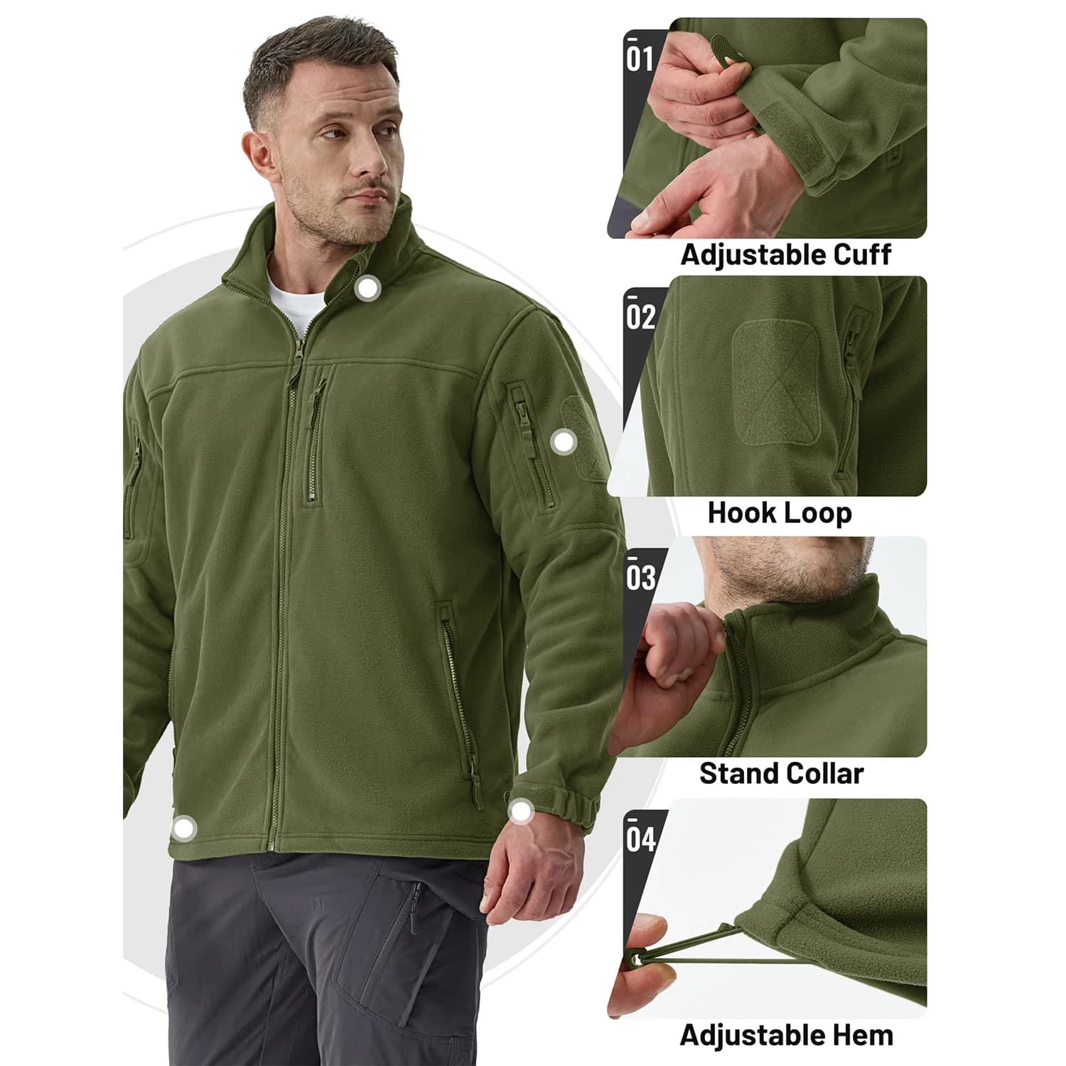 Veste polaire TACVASEN verte chaude travail pêche avec fermeture complète et poches zippées