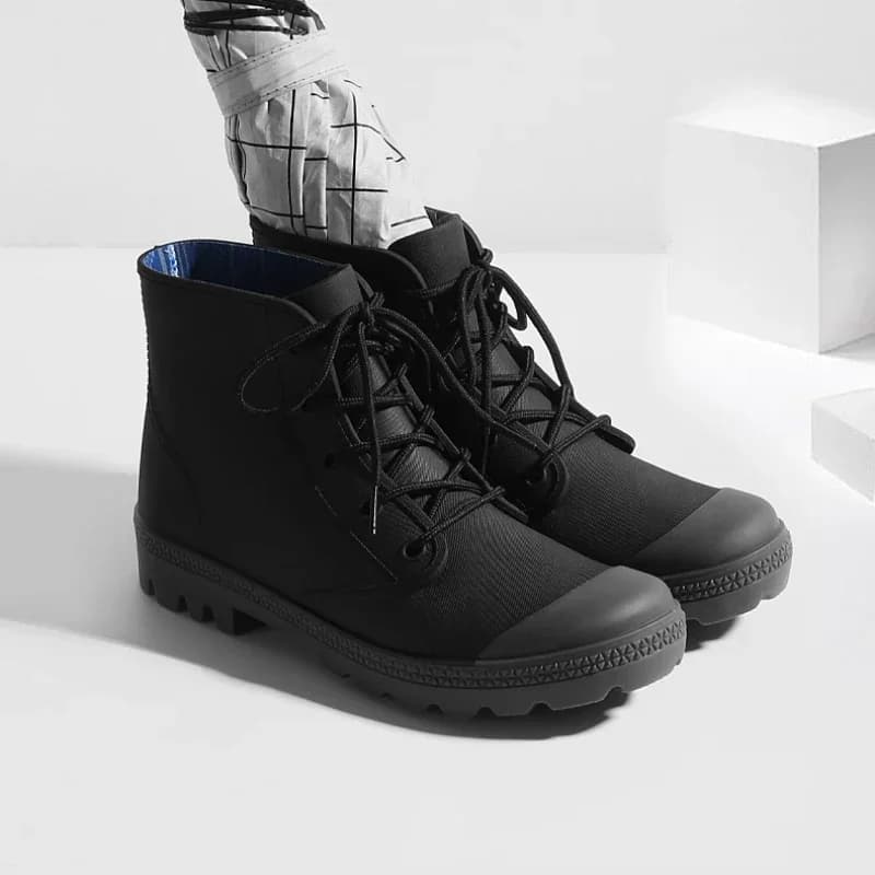 Bottes de pluie pêche hiver homme lacets cheville - Chaussures camping imperméables non-dérapantes extérieur