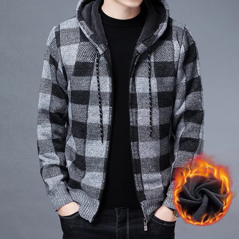 Cardigan à capuche homme tricoté luxe damier pour pêche hiver veste chaude extérieure qualité