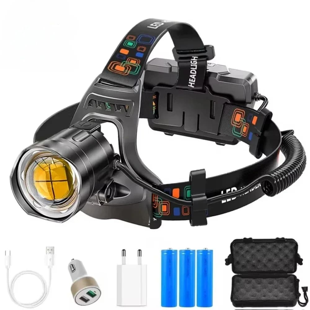 Frontale pêche XHP100 LED zoomable rechargeable USB étanche haute puissance super lumineuse 18650