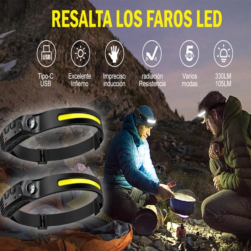 Pack de lampes frontales LED rechargeables USB avec capteur XPE+COB étanches pour pêche en groupe