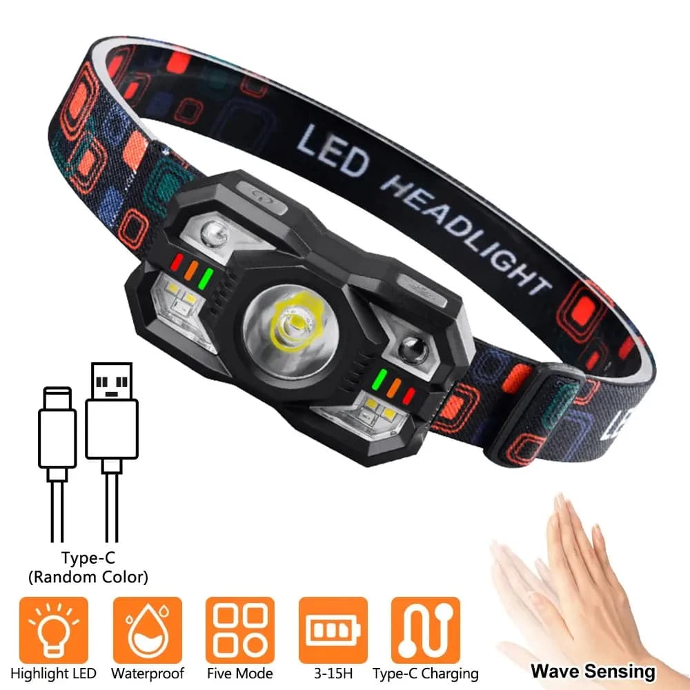 Lampe frontale à détection infrarouge rechargeable étanche pour pêche et camping nocturne