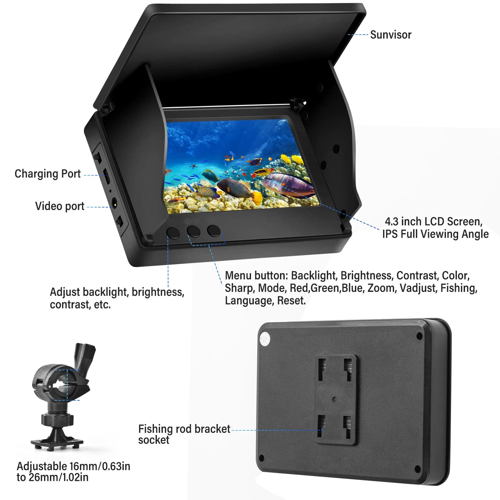 Caméra sous-marine pêche 4.3 pouces IPS vision nocturne IR LED grand angle IP68 pour rivière bateau