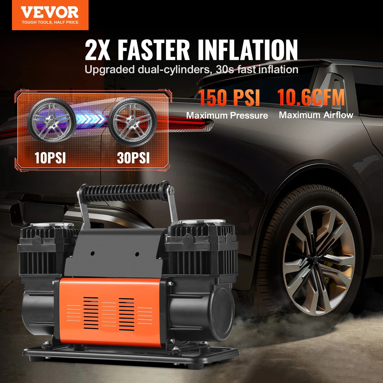Compresseur air lourd 6-10 CFM SucceBuy 150PSI double cylindre - Pompe haute puissance camion voiture pêche