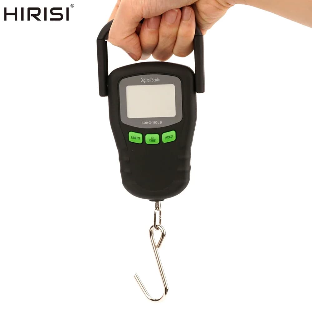 Balance digitale Hirisi 50kg avec règle et crochet pour peser poissons et bagages en pêche