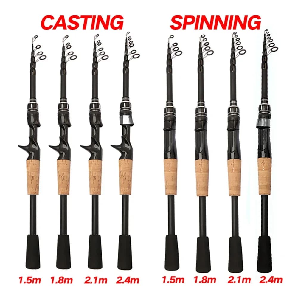 Canne télescopique leurre carbone 1.5m à 2.4m pour pêche en rivière - Baitcasting rod 8g-25g manche en bois