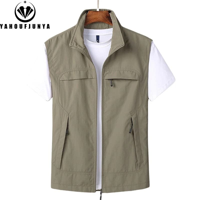 Veste sans manches homme été 2025 - Col montant respirant avec poches multiples pour loisirs outdoor