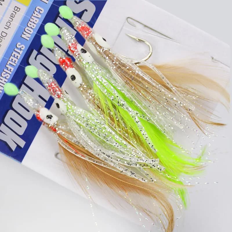 Kit 5 leurres luminescents Octopus Sabiki avec plumes pour pêche du maquereau et calamar