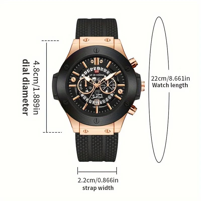 Montre militaire homme VA VA VOOM 46mm cadran rose gold squelette - Bracelet silicone - Mouvement quartz original