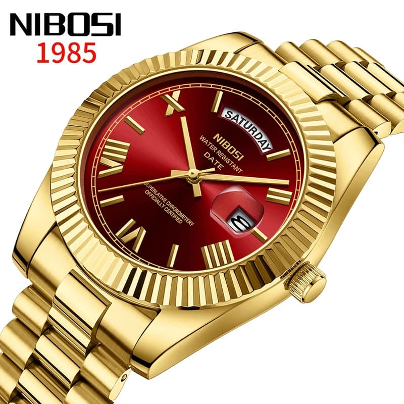Montre homme NIBOSI luxe or rouge quartz étanche pêcheur affichage date semaine lisible pêche