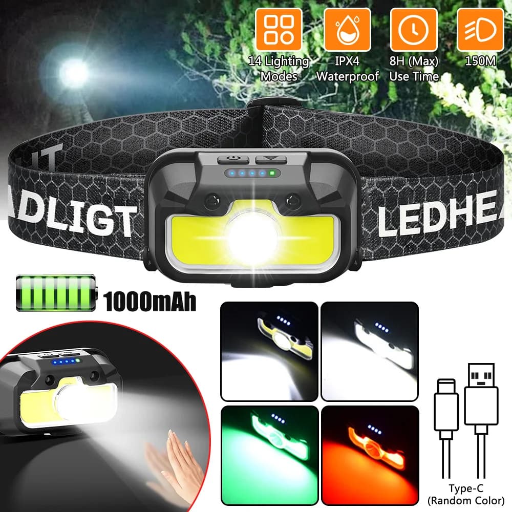 Lampe frontale puissante USB détecteur mouvement 14 modes étanche pêche camping extérieur