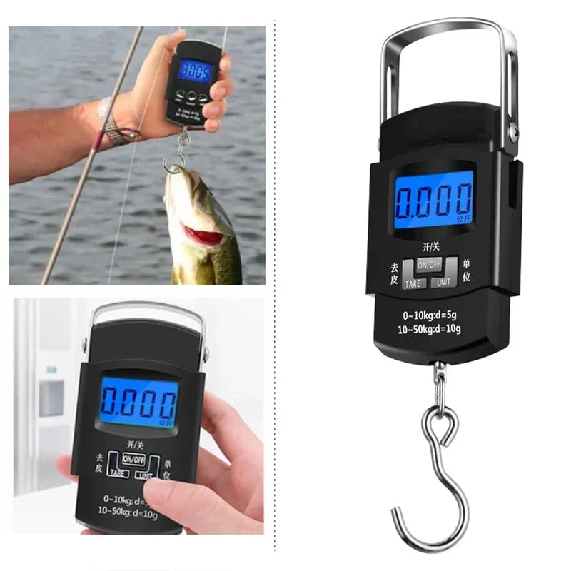 Mini balance numérique pêche 50kg avec mètre ruban - Écran LCD rétroéclairé pour mesures complètes