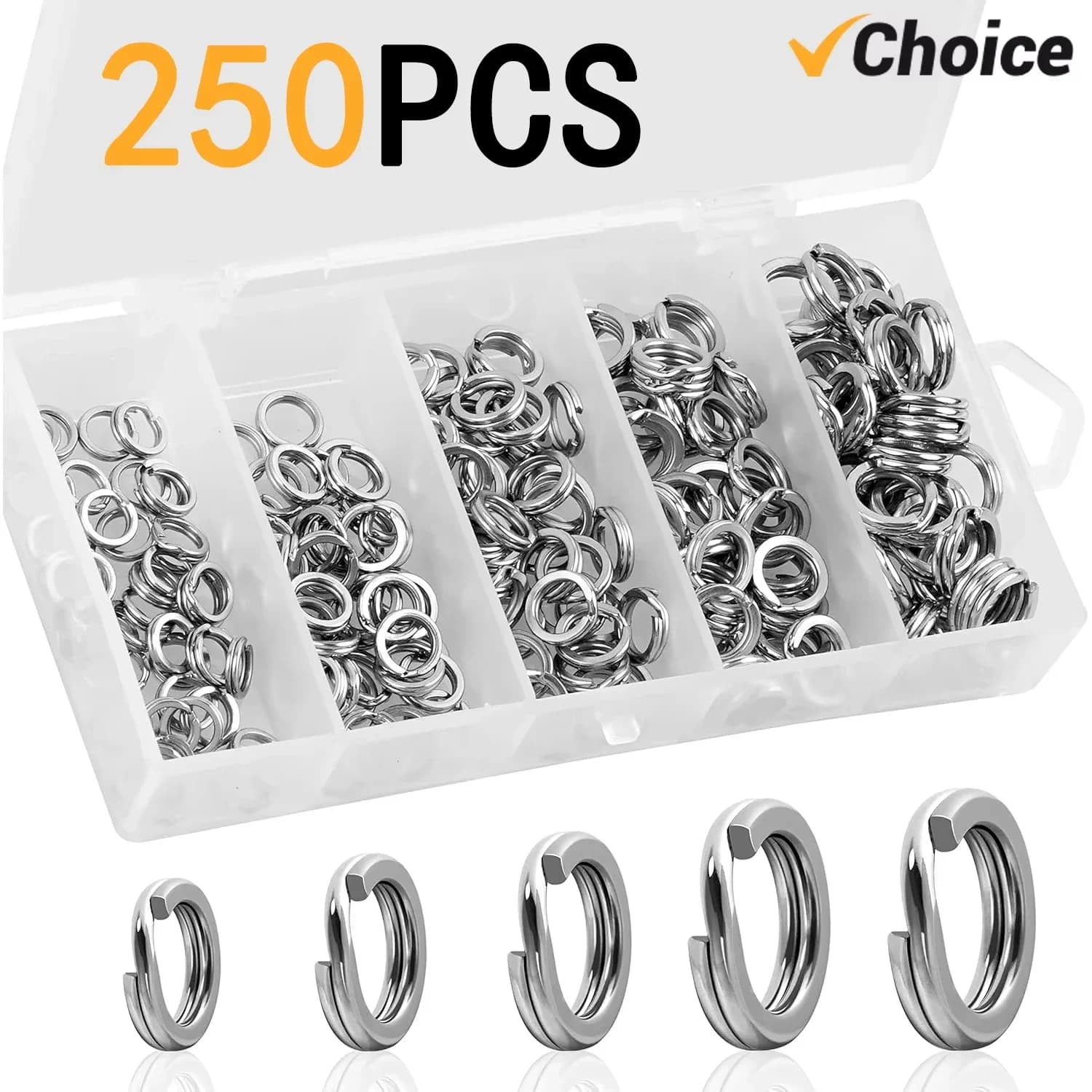 Anneaux ouverts acier inox 5 tailles pour connecter leurres, lot 200/250 pièces pour boîte pêche