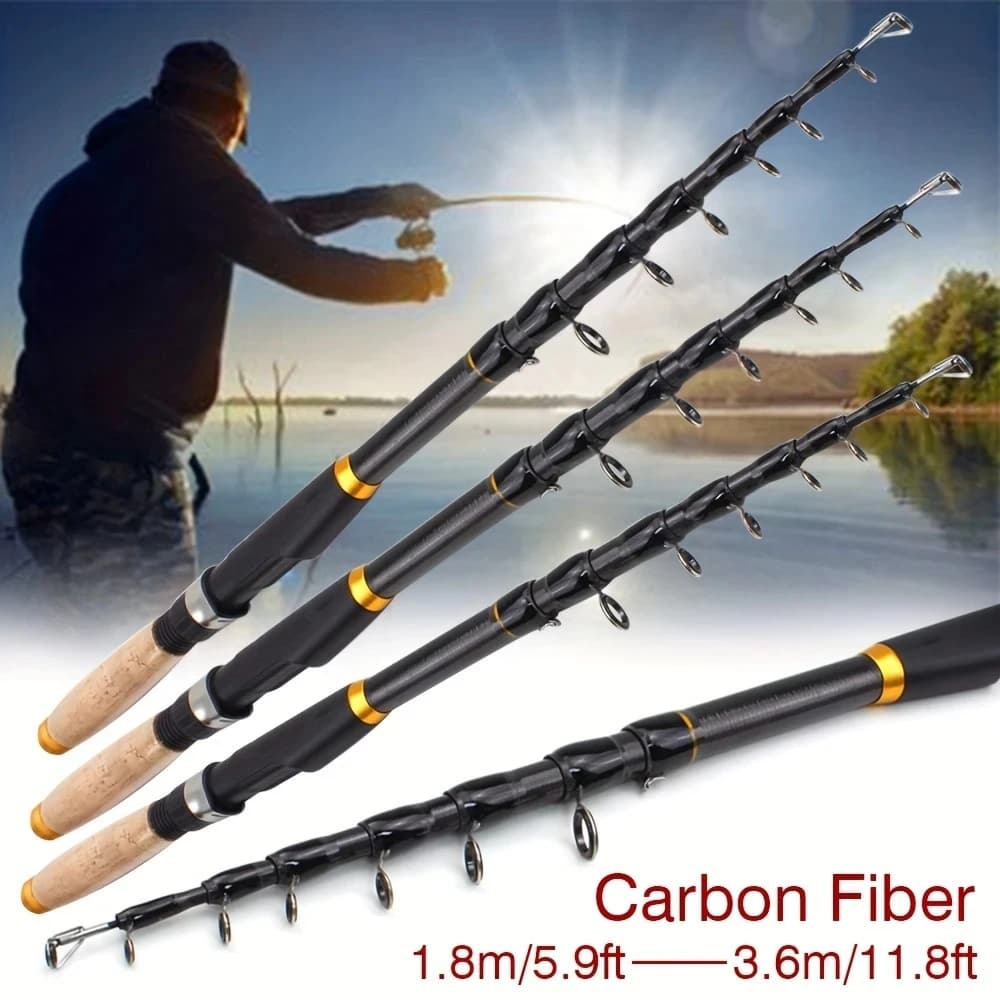 Canne télescopique portable fibre carbone avec poignée liège 1.8M à 3.6M pour pêche voyage