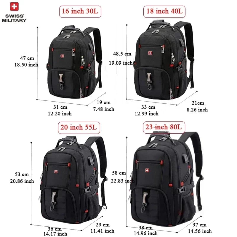Sac à dos SWISS 17 pouces étanche avec port USB - Style suisse multifonction pour randonnée et pêche