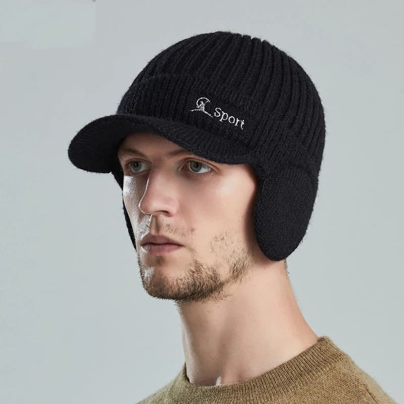 Bonnet laine épais protection oreilles pêche - Modèle coréen visière canard tricoté homme hiver