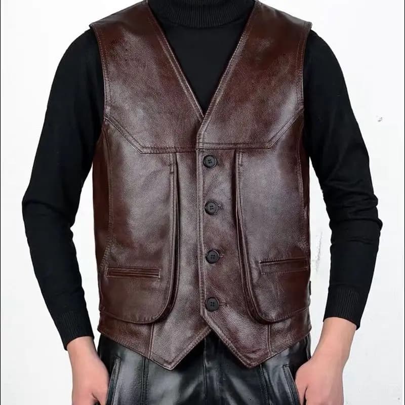 Gilet motard homme en cuir de vache véritable - Veste sans manches cuir véritable tailles L à 8XL