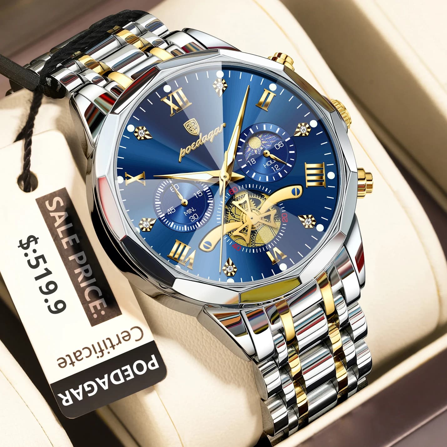 Montre homme luxe POEDAGAR étanche lumineuse chronographe acier inox quartz bracelet original cadeau