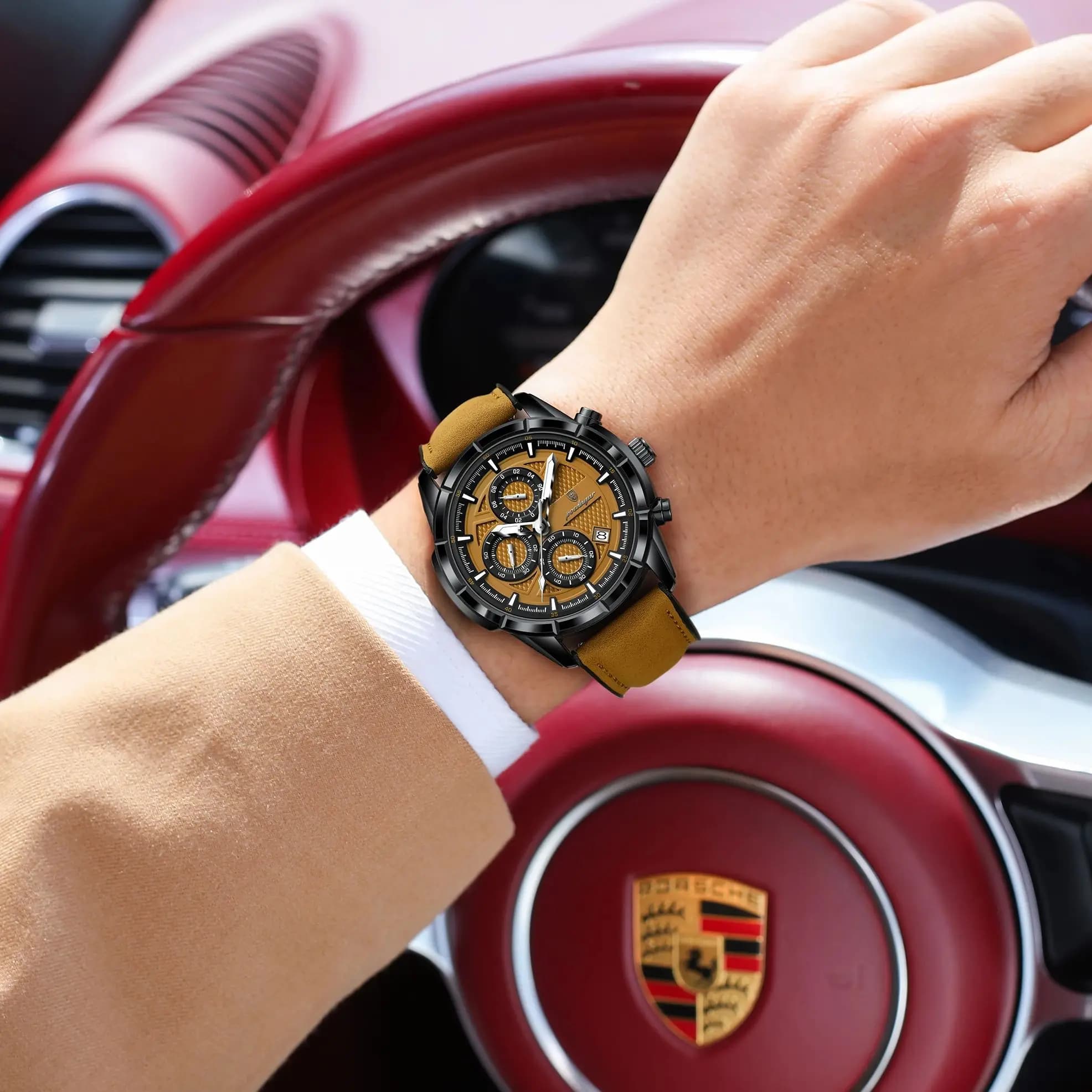 Montre homme luxe POEDAGAR - Cuir véritable chronographe - Étanche et lumineuse - Idéale pêche