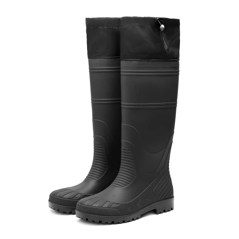 Bottes pêche hautes noires réglables lacets PVC - Chaussures antidérapantes travail ferme