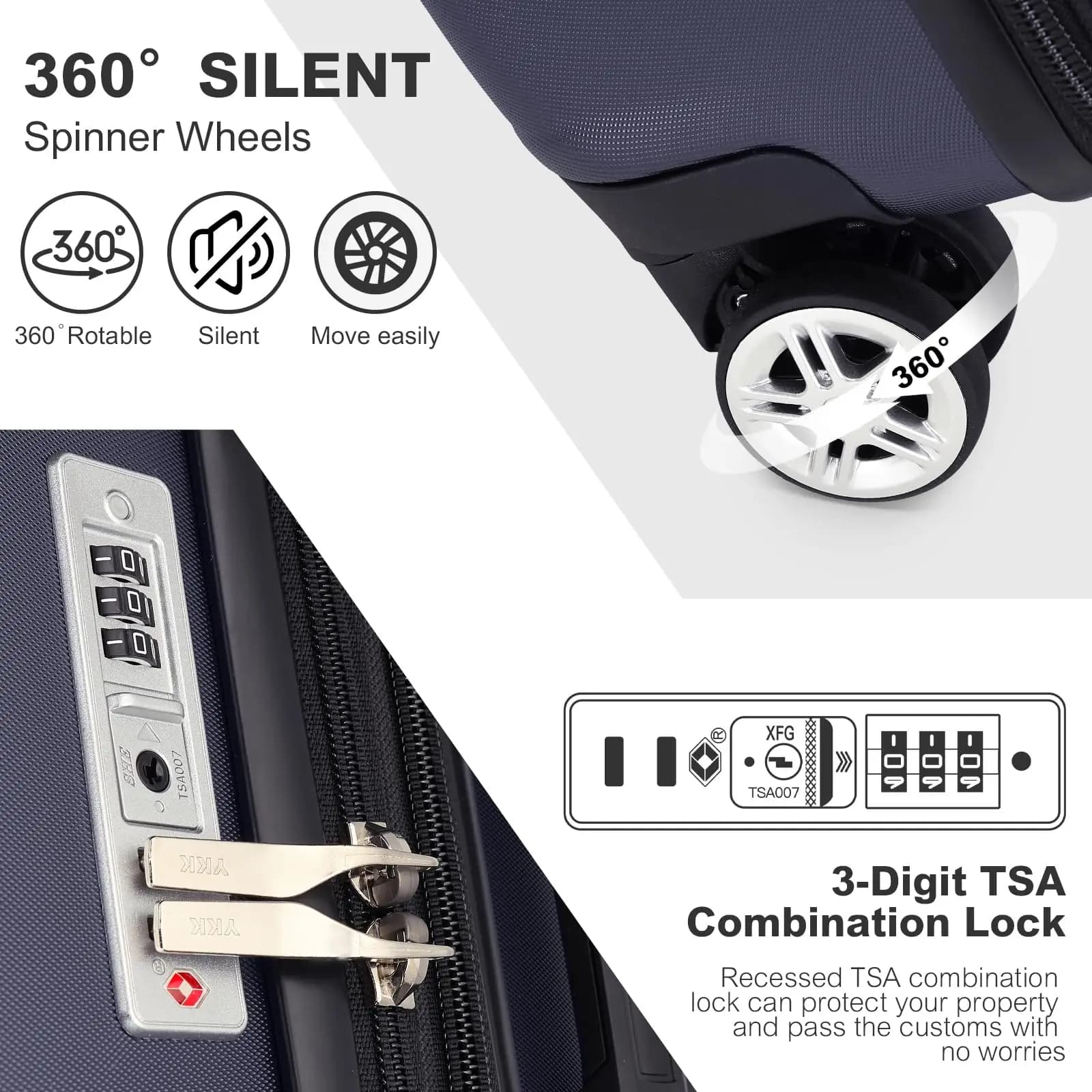 Valise cabine KONO légère avec roues 360° et serrure TSA - Bagage à main 55/65/75cm pour voyages et pêche