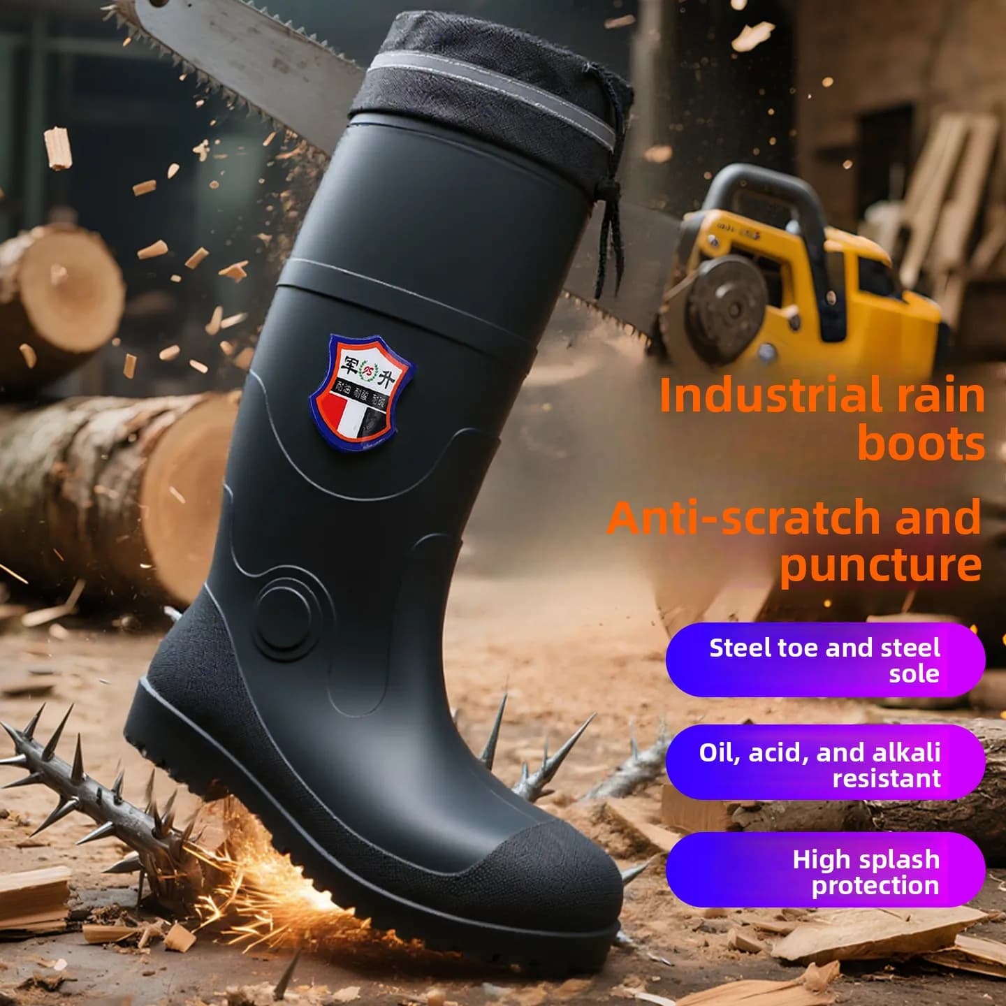 Bottes de travail caoutchouc à embout et semelle acier protection anti-flammes pour montagne