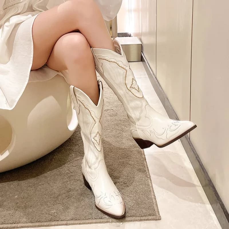 Bottes cowboy brodées automne à talons carrés - Bottes longues imperméables confortables mode
