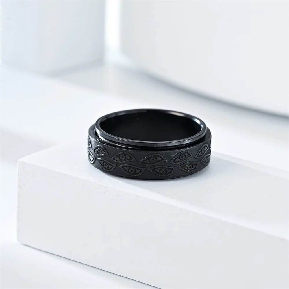 Bague anti-stress acier inoxydable spinner rotative œil démon anxiété pêche méditation homme bijou joint