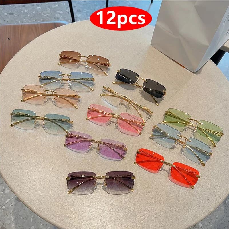 Lunettes de soleil rectangulaires sans monture 12 pièces - Style Y2K léopard unisexe UV400 pour pêche
