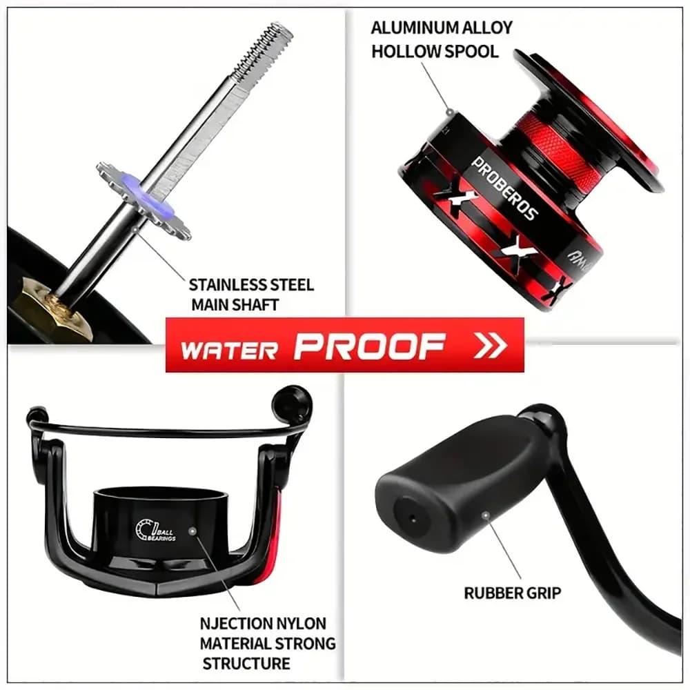 Moulinet de pêche spinning PROBEROS 5.2:1 ratio 1000 à 6000 frein max 9kg bobine métal accessoires